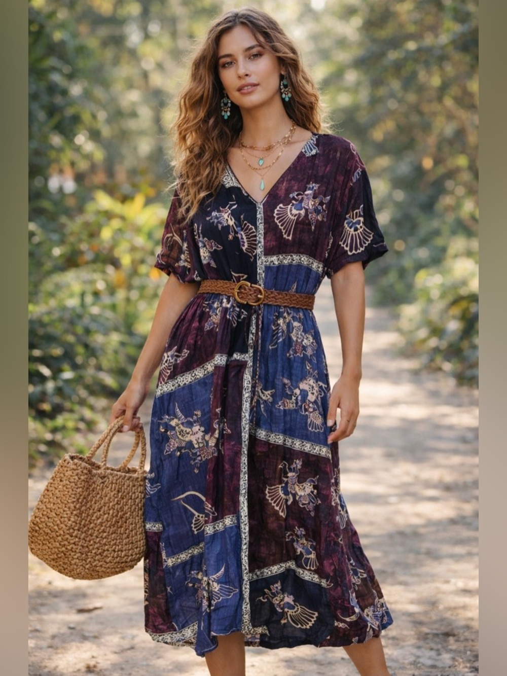 Under the Rainbow Batik Patchwork L Midi Dress Lagenlook Boho Birds Oversized A2